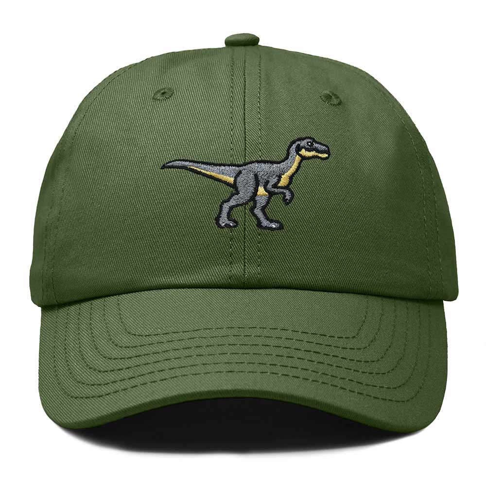 Dalix Velociraptor Embroidered Dinosaur Cotton Summer Outdoor Baseball Cap Dad Hat Mens in Olive