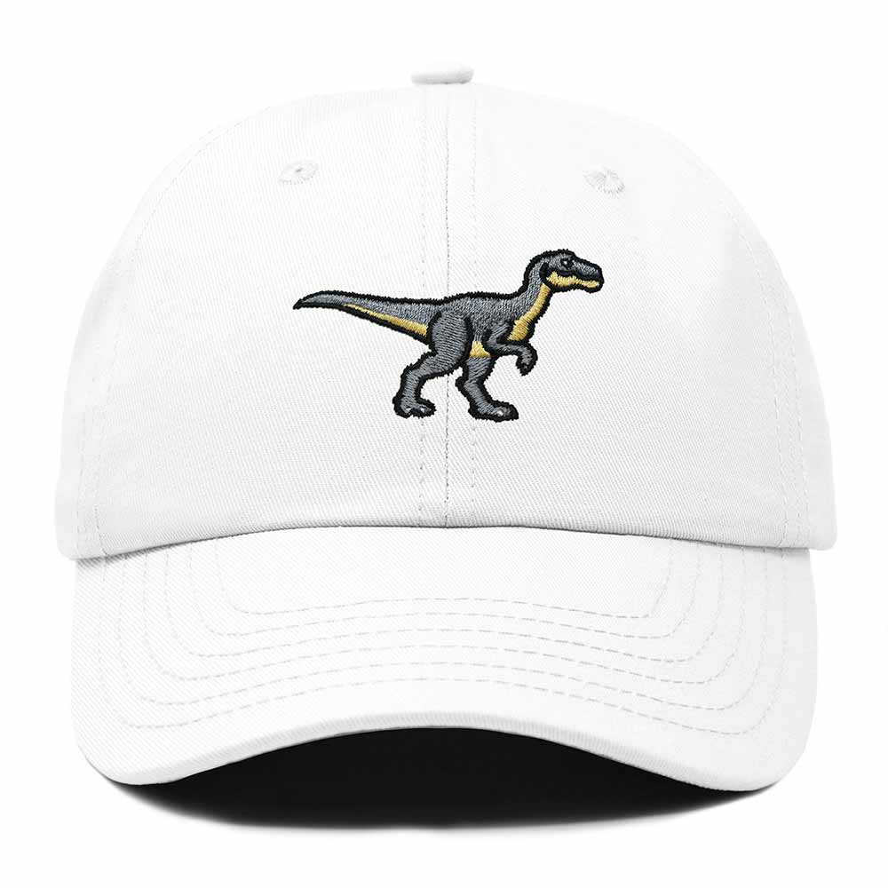 Dalix Velociraptor Embroidered Dinosaur Cotton Summer Outdoor Baseball Cap Dad Hat Mens in White