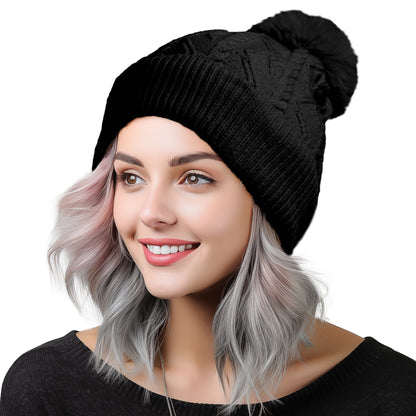 Dalix Cable Knit Pom Beanie in Black
