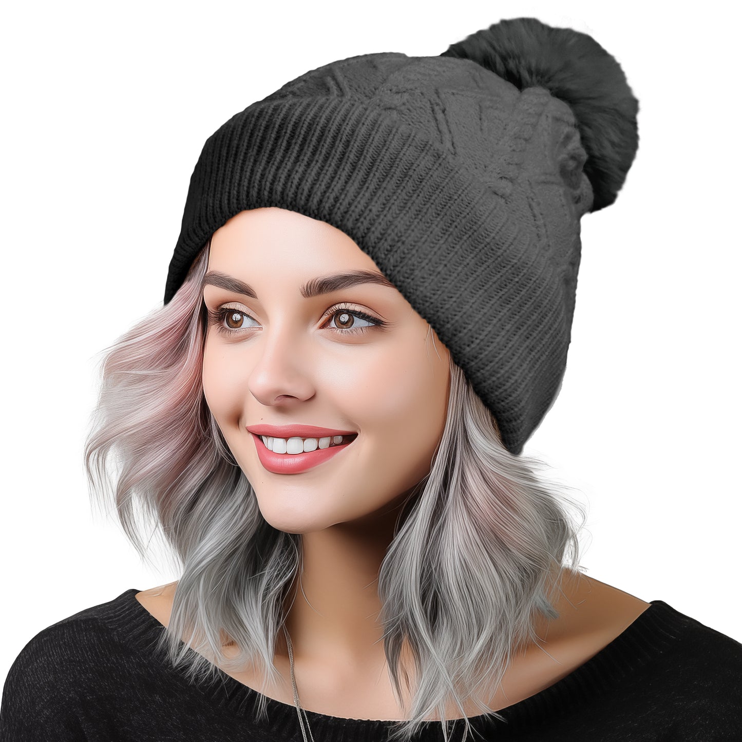 Dalix Cable Knit Pom Beanie in Charcoal Gray