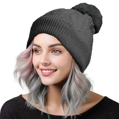 Dalix Cable Knit Pom Beanie in Charcoal Gray