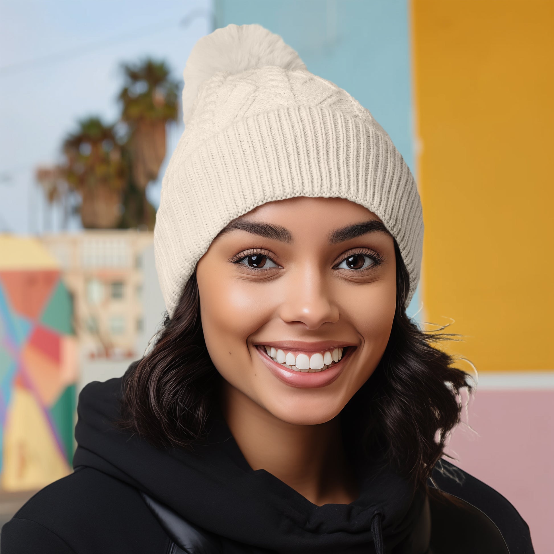 Dalix Cable Knit Pom Beanie in Cream