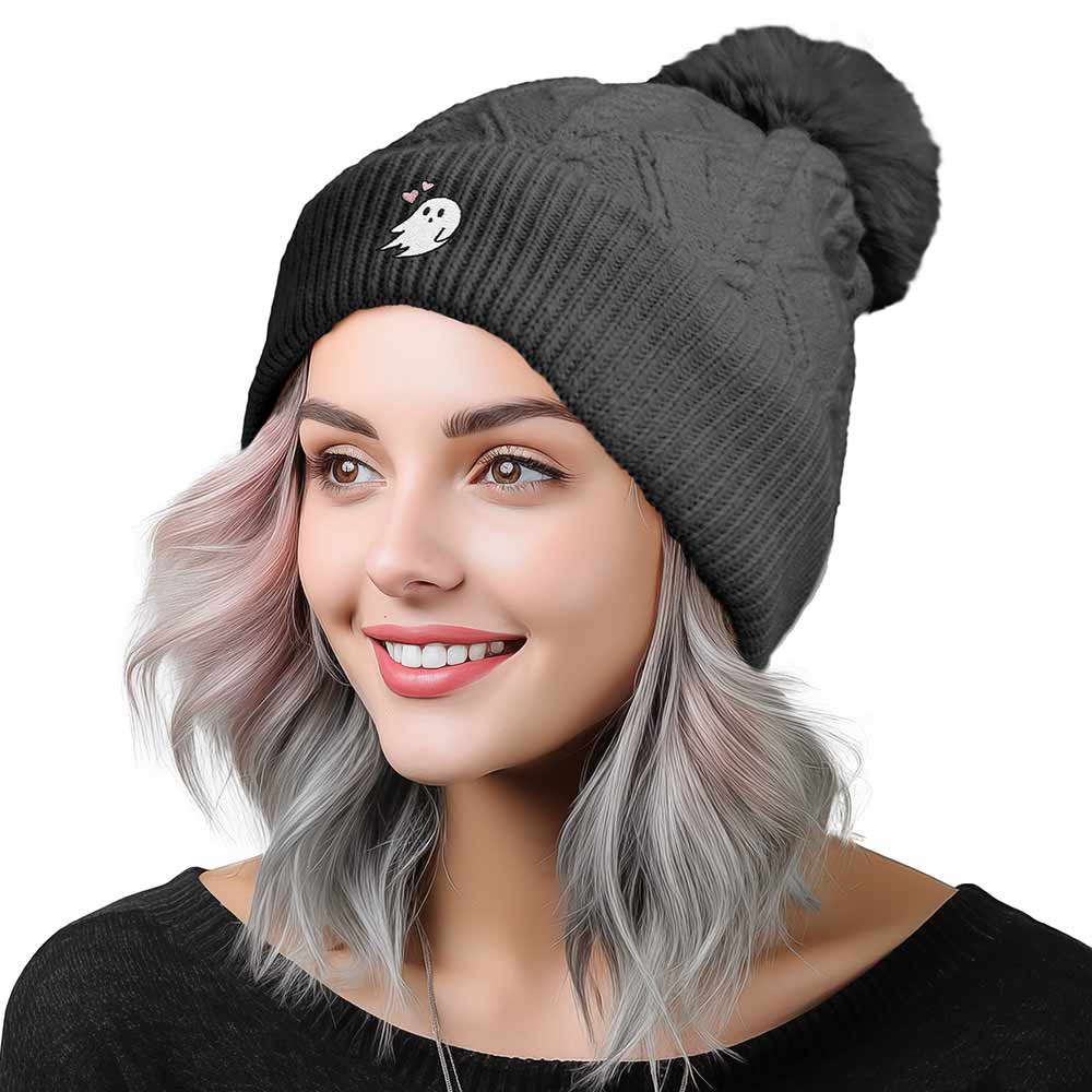 Dalix Heartly Ghost Cable Knit Pom Beanie Soft Stretch Skully Warm Fuzzy Faux Sherpa Winter Ski Beanie in Charcoal Gray