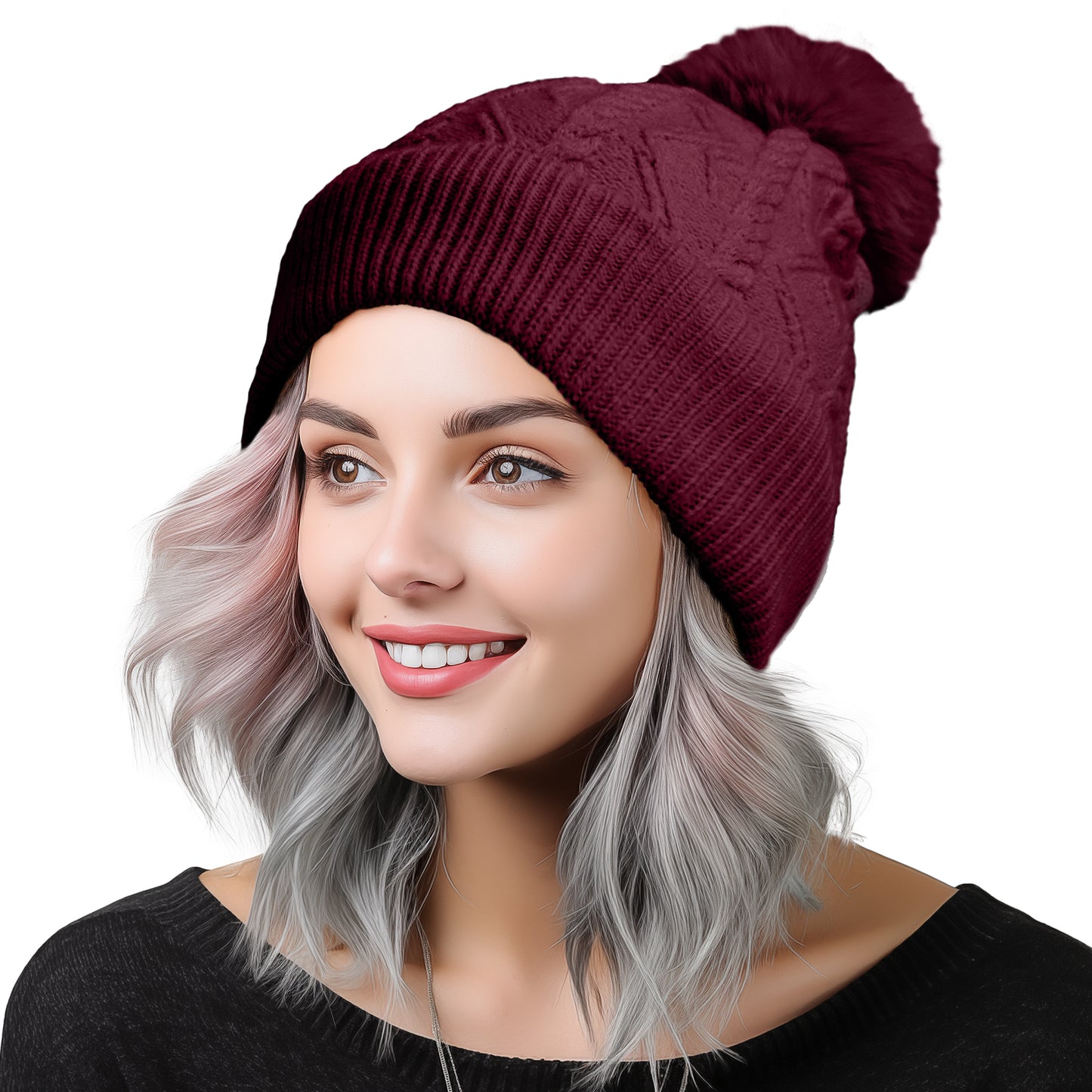 Dalix Cable Knit Pom Beanie in Maroon