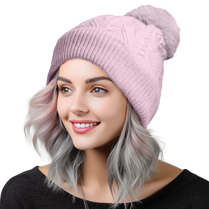 Dalix Cable Knit Pom Beanie in Orchid