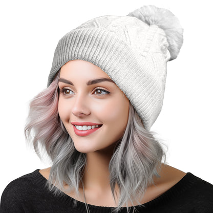 Dalix Cable Knit Pom Beanie in White