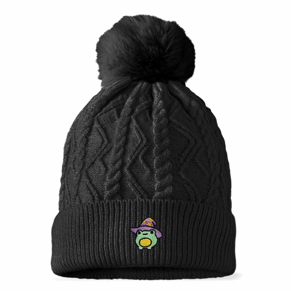 Dalix Sorcerer Frog Cable Knit Pom Beanie Soft Stretch Skully Warm Fuzzy Faux Sherpa Winter Ski Beanie in Black