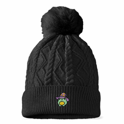 Dalix Sorcerer Frog Cable Knit Pom Beanie Soft Stretch Skully Warm Fuzzy Faux Sherpa Winter Ski Beanie in Black