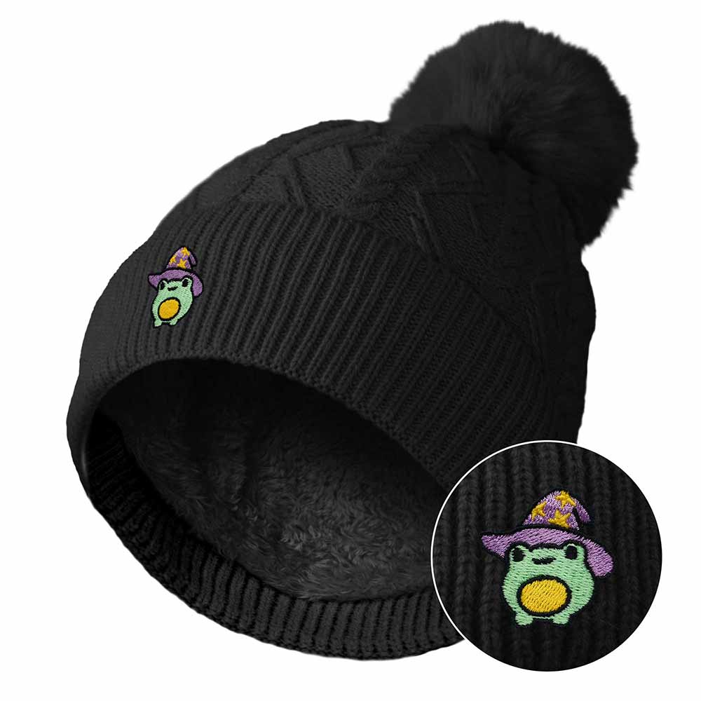 Dalix Sorcerer Frog Cable Knit Pom Beanie Soft Stretch Skully Warm Fuzzy Faux Sherpa Winter Ski Beanie in Black