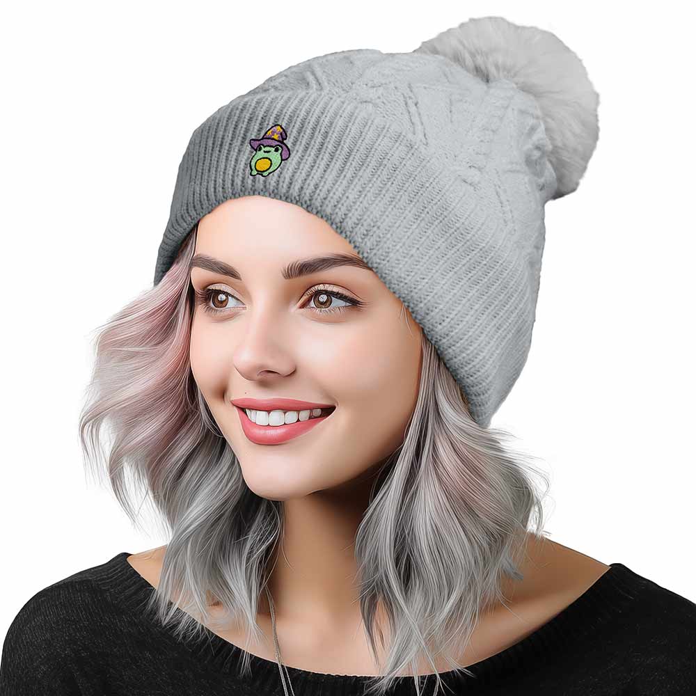 Dalix Sorcerer Frog Cable Knit Pom Beanie Soft Stretch Skully Warm Fuzzy Faux Sherpa Winter Ski Beanie in Charcoal Gray
