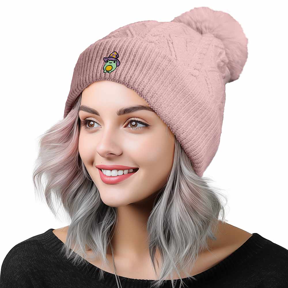Dalix Sorcerer Frog Cable Knit Pom Beanie Soft Stretch Skully Warm Fuzzy Faux Sherpa Winter Ski Beanie in Mauve