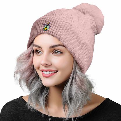 Dalix Sorcerer Frog Cable Knit Pom Beanie Soft Stretch Skully Warm Fuzzy Faux Sherpa Winter Ski Beanie in Mauve