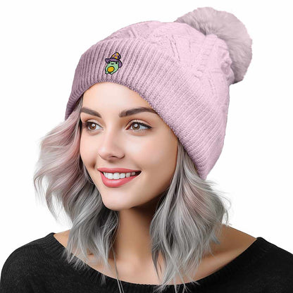 Dalix Sorcerer Frog Cable Knit Pom Beanie Soft Stretch Skully Warm Fuzzy Faux Sherpa Winter Ski Beanie in Orchid