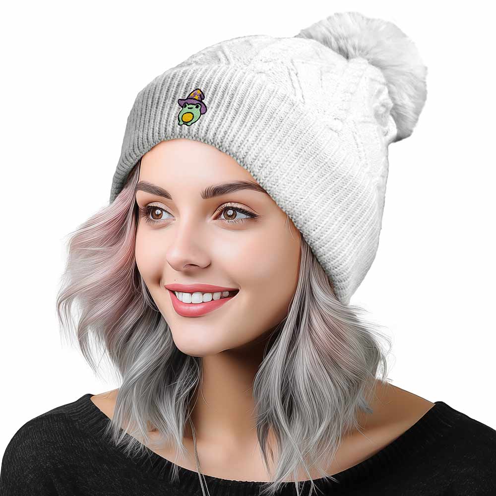 Dalix Sorcerer Frog Cable Knit Pom Beanie Soft Stretch Skully Warm Fuzzy Faux Sherpa Winter Ski Beanie in Cream White