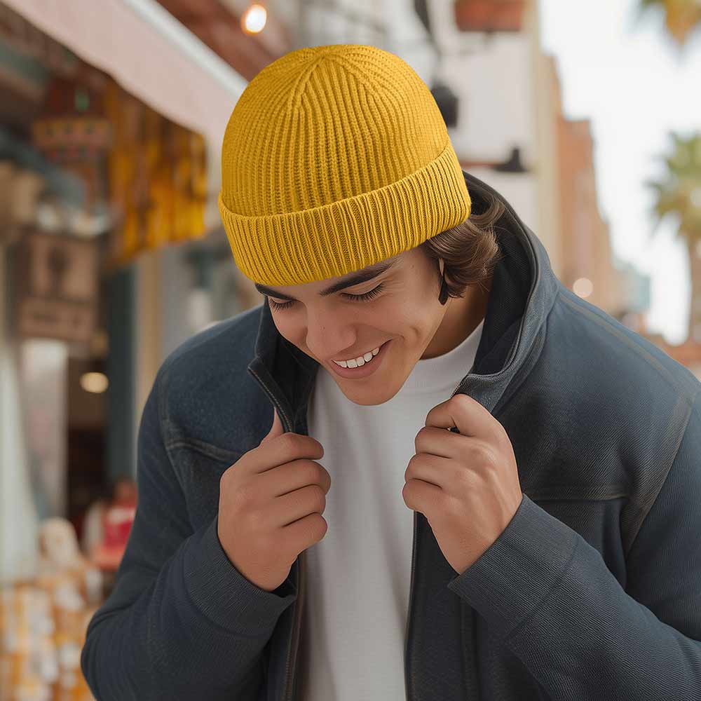 Dalix Embroidered Beanie Hat Knit Cap Cold Weather Womens in Mustard