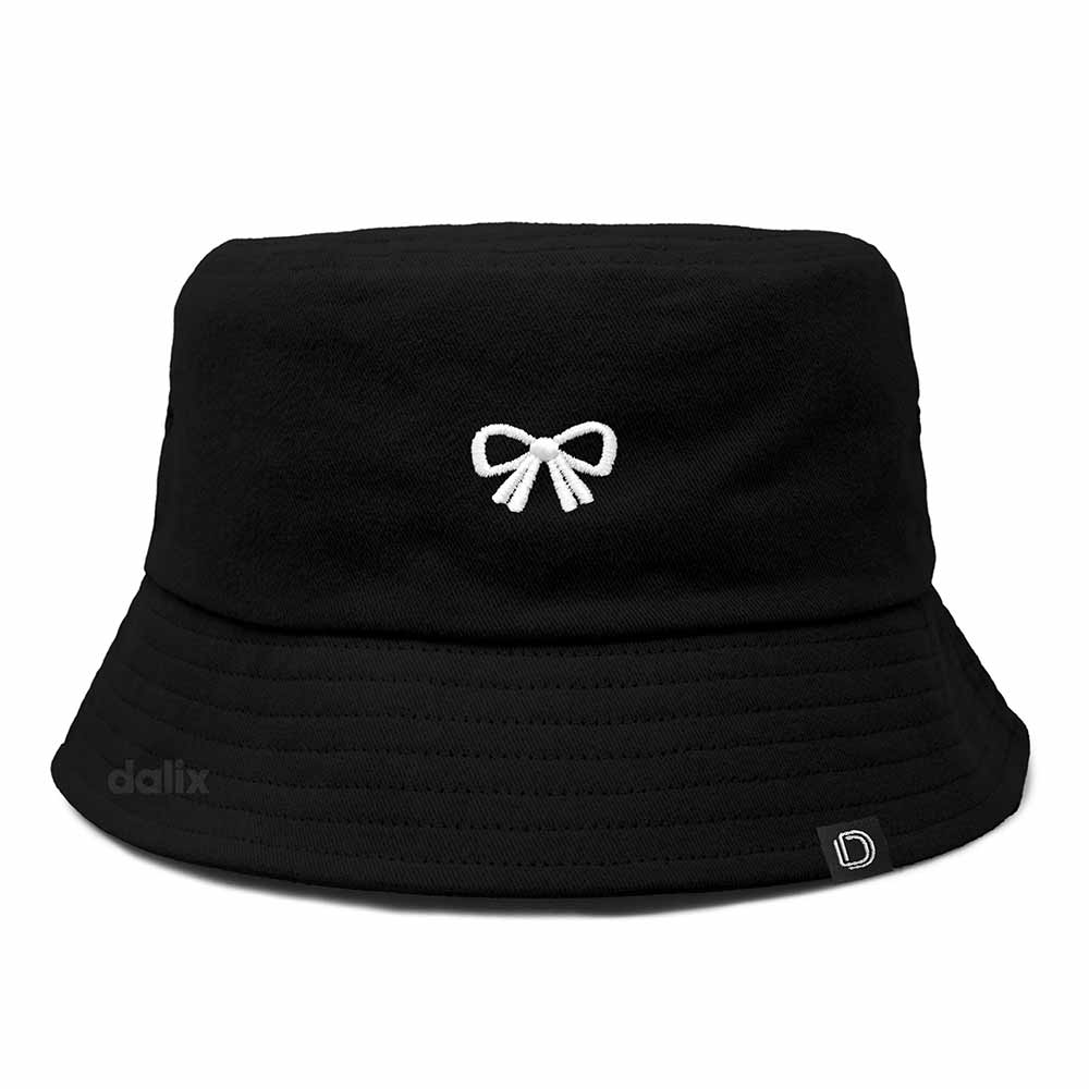 Dalix Bow Embroidered Coquette Cotton Bucket Hat Outdoor Bucket Womens in Black L Large