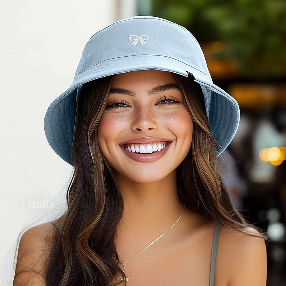 Dalix Bow Embroidered Coquette Cotton Bucket Hat Outdoor Bucket Womens in Forever Blue L Large