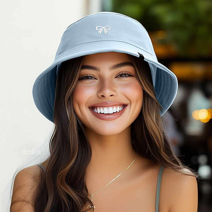 Dalix Bow Embroidered Coquette Cotton Bucket Hat Outdoor Bucket Womens in Forever Blue L Large