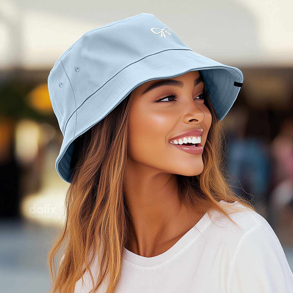 Dalix Bow Embroidered Coquette Cotton Bucket Hat Outdoor Bucket Womens in Forever Blue L Large