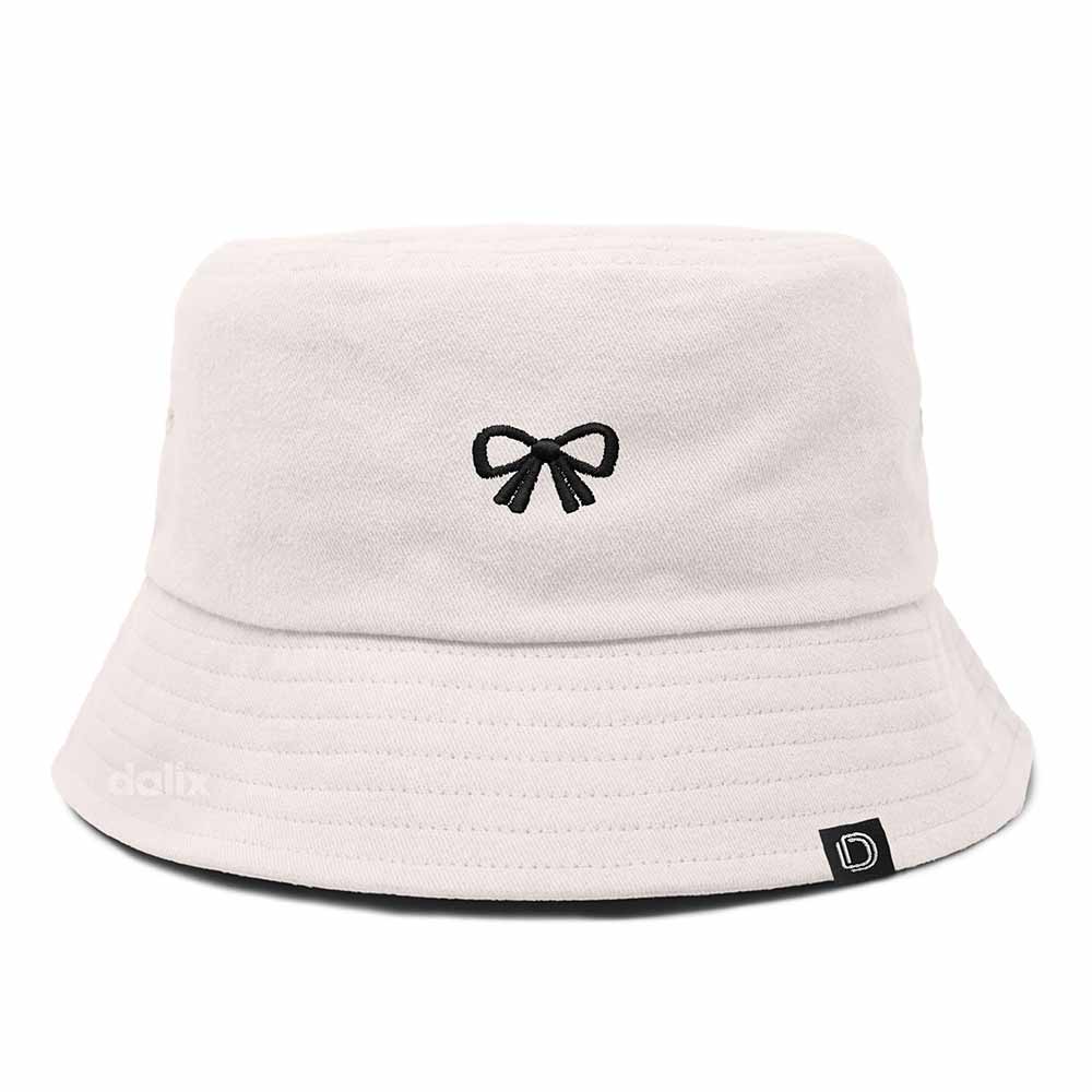 Dalix Bow Embroidered Coquette Cotton Bucket Hat Outdoor Bucket Womens in Parchment White L Large
