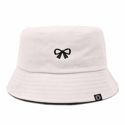 Dalix Bow Embroidered Coquette Cotton Bucket Hat Outdoor Bucket Womens in Parchment White L Large