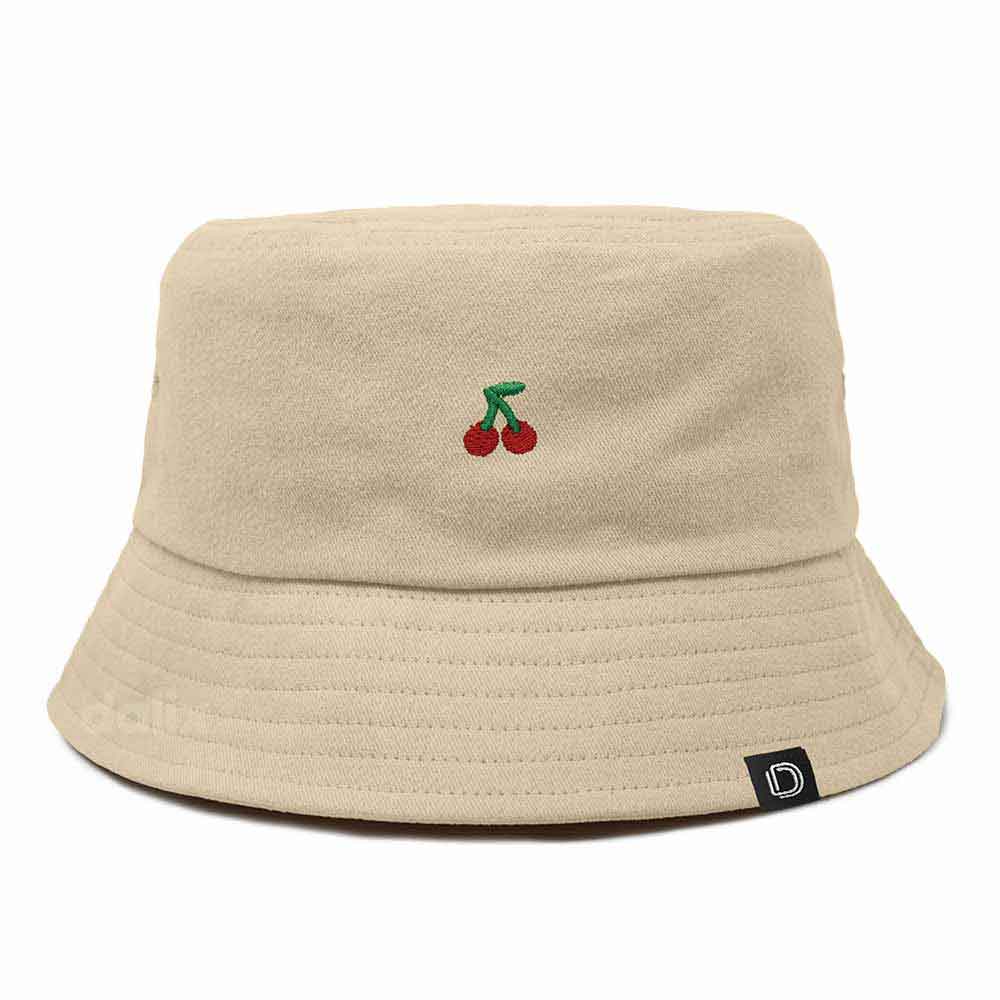 Dalix Lil Cherry Embroidered Cotton Bucket Hat Outdoor Bucket Fruit Cap Womens in Sesame Beige L Large