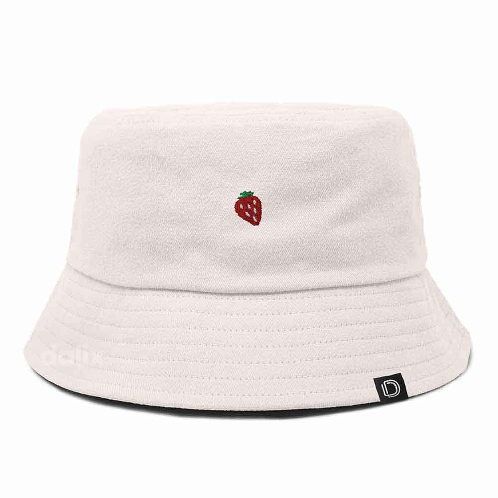 Dalix Lil Strawberry Embroidered Cotton Bucket Hat Outdoor Bucket Fruit Cap Womens in Parchment White L Large