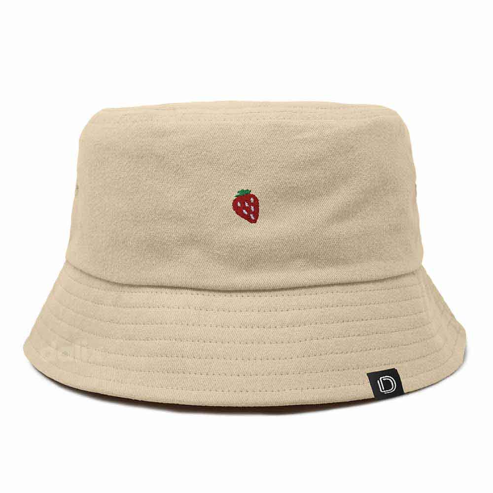 Dalix Lil Strawberry Embroidered Cotton Bucket Hat Outdoor Bucket Fruit Cap Womens in Sesame Beige L Large
