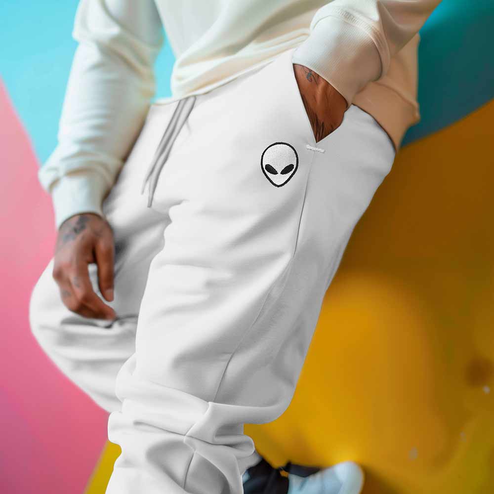 Dalix Alien Embroidered Fleece Jogger Cuff Sweatpant Sweats Soft Warm Cute Womens in White 2XL XX-Large