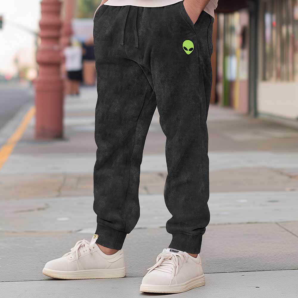 Dalix Alien Embroidered Washed Jogger Pant Soft Fleece Relaxed Fit Lounge Mens in Black 2XL XX-Large