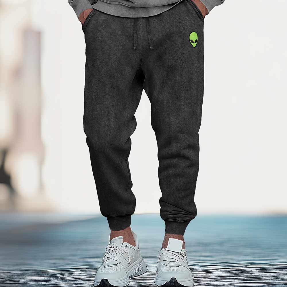Dalix Alien Embroidered Washed Jogger Pant Soft Fleece Relaxed Fit Lounge Mens in Black 2XL XX-Large