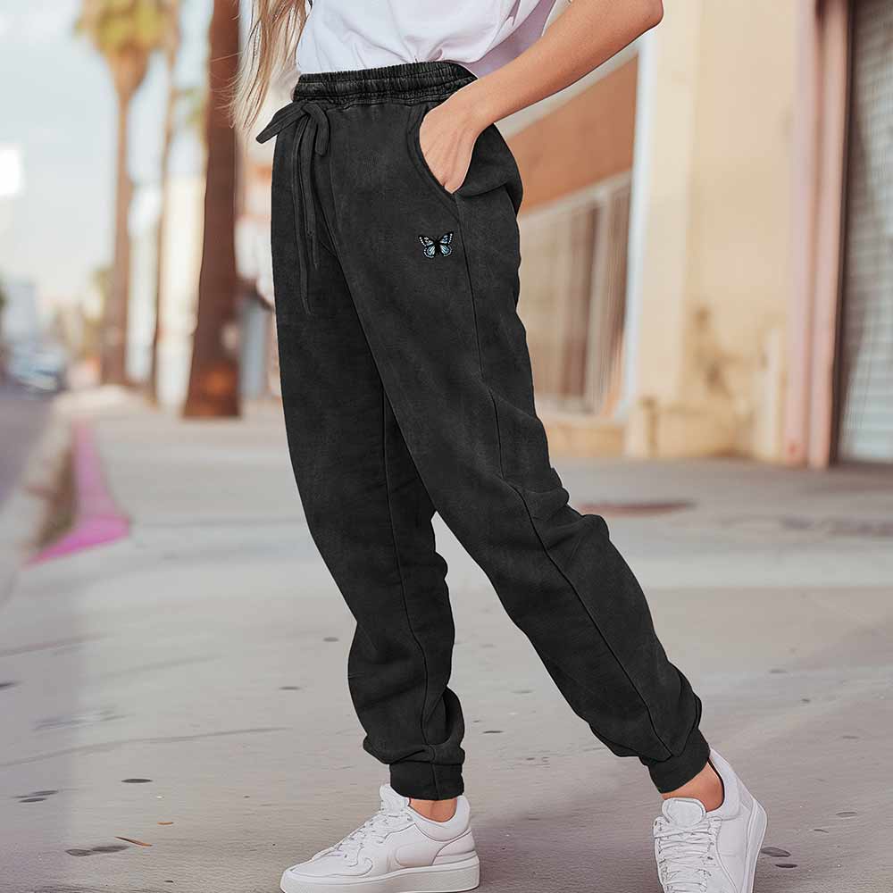 Dalix Butterfly Embroidered Washed Jogger Pant Soft Fleece Relaxed Fit Lounge Womens in Black 2XL XX-Large