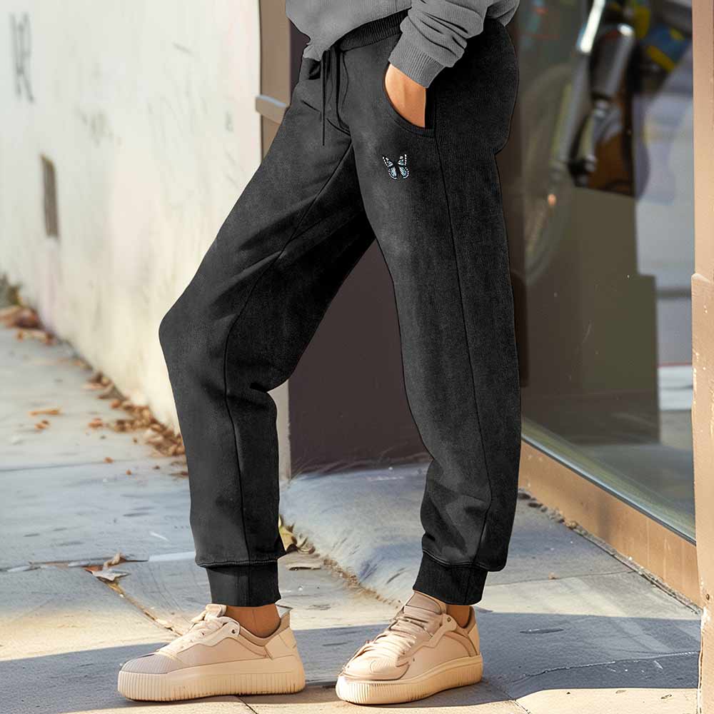 Dalix Butterfly Embroidered Washed Jogger Pant Soft Fleece Relaxed Fit Lounge Womens in Black 2XL XX-Large