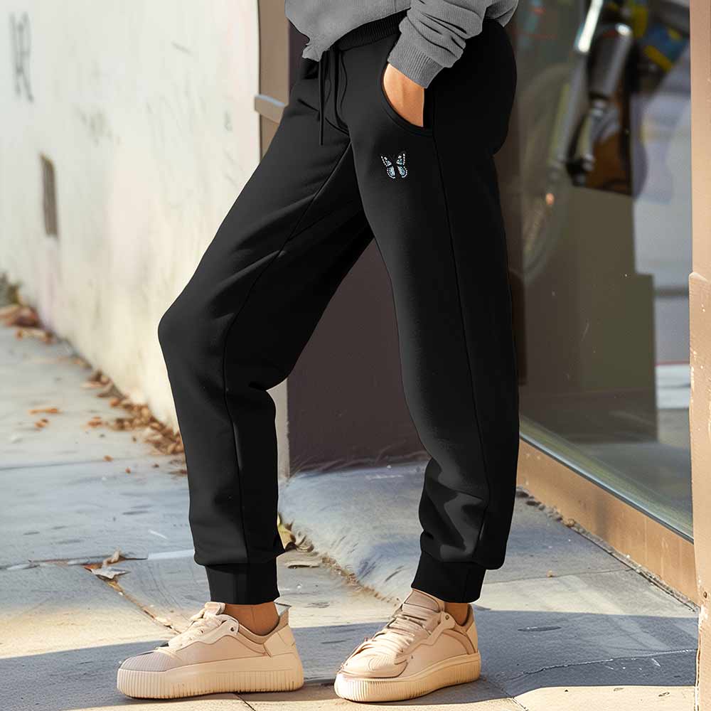 Dalix Butterfly Embroidered Jogger Pant Soft Fleece Relaxed Fit Lounge Womens in Black 2XL XX-Large
