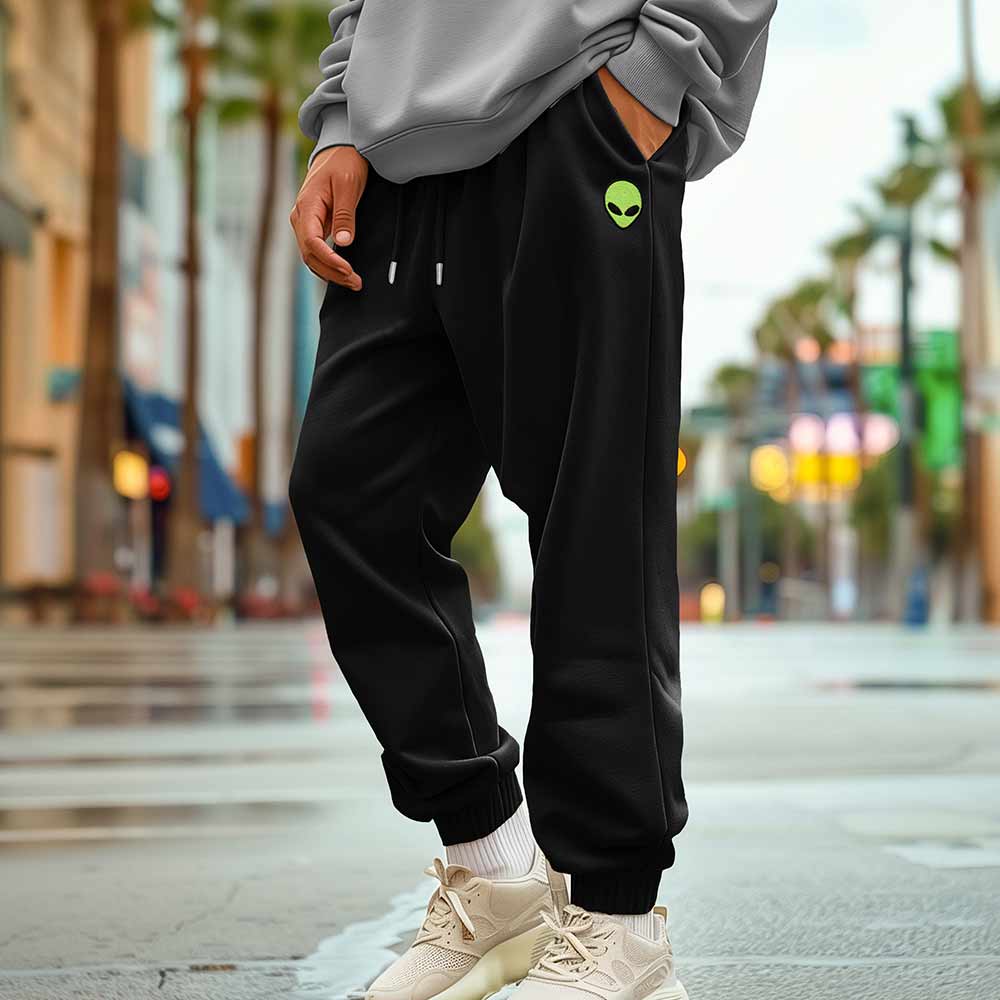 Dalix Alien Embroidered Sweat Pant Soft Heavy Weight Fleece Relaxed Fit Lounge Mens in Black 2XL XX-Large