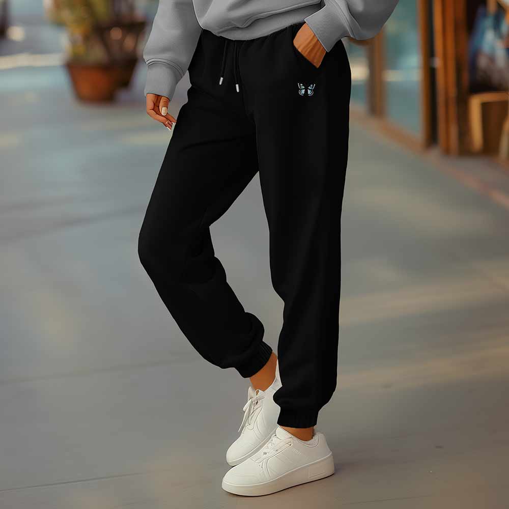 Dalix Butterfly Embroidered Sweatpant Soft Fleece Relaxed Fit Lounge Womens in Black 2XL XX-Large