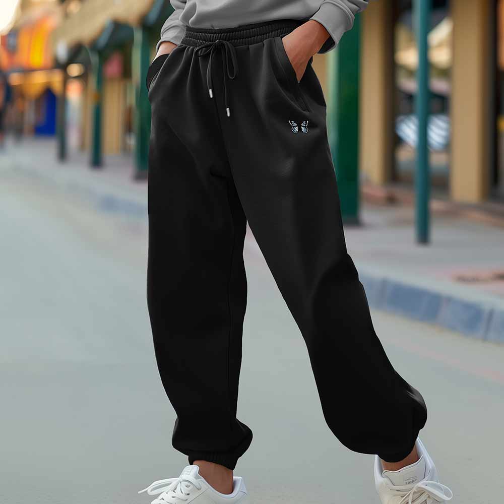Dalix Butterfly Embroidered Sweatpant Soft Fleece Relaxed Fit Lounge Womens in Black 2XL XX-Large