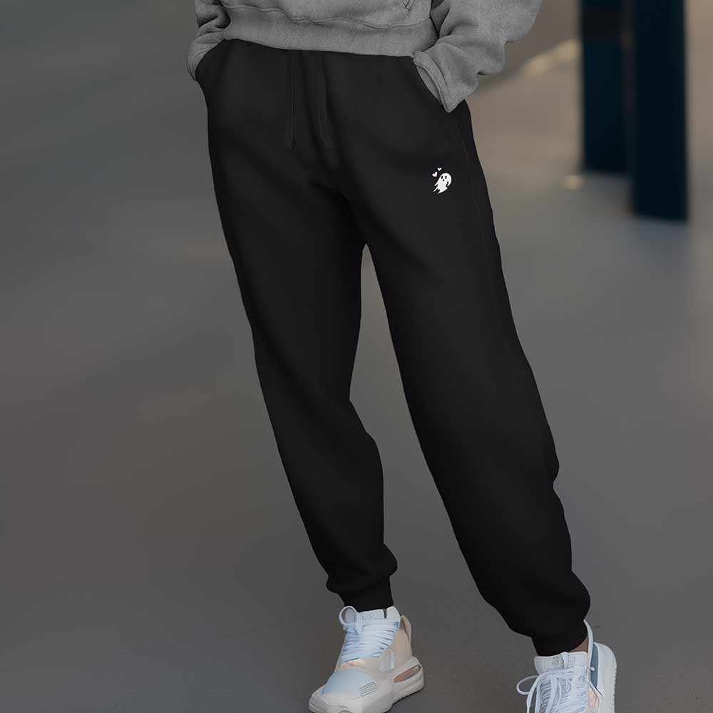 Dalix Heartly Ghost Embroidered Jogger Pant Soft Fleece Relaxed Fit Lounge Womens in Black S Small