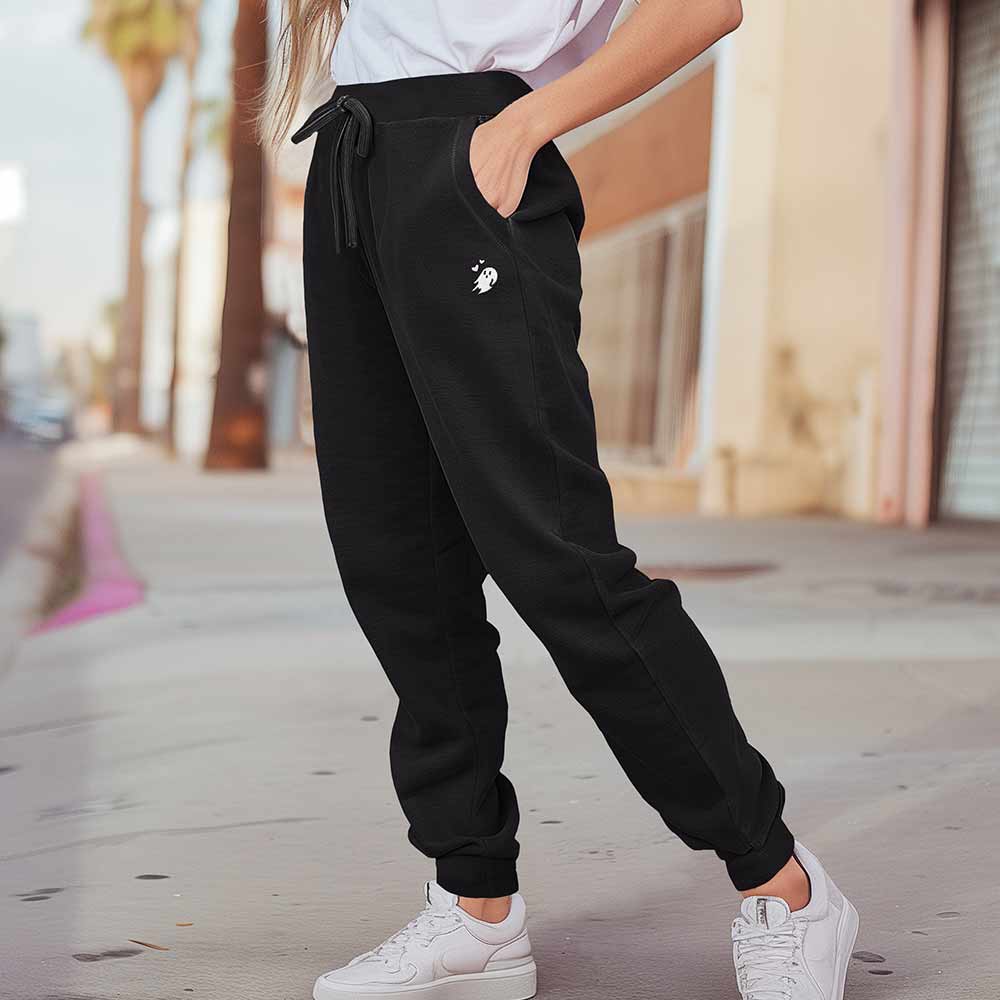 Dalix Heartly Ghost Embroidered Jogger Pant Soft Fleece Relaxed Fit Lounge Womens in Black S Small