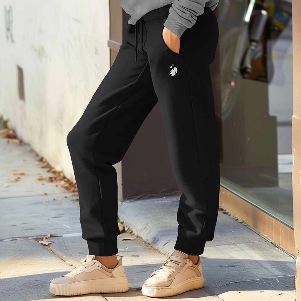 Dalix Heartly Ghost Embroidered Jogger Pant Soft Fleece Relaxed Fit Lounge Womens in Black S Small