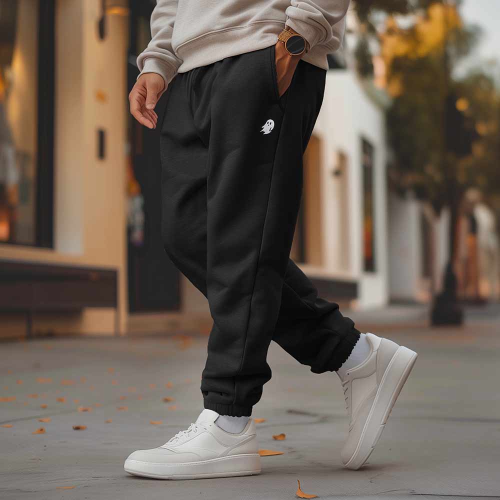 Dalix Ghost Embroidered Sweatpant Heavy Weight Fleece Relaxed Fit Lounge Mens in Black S Small