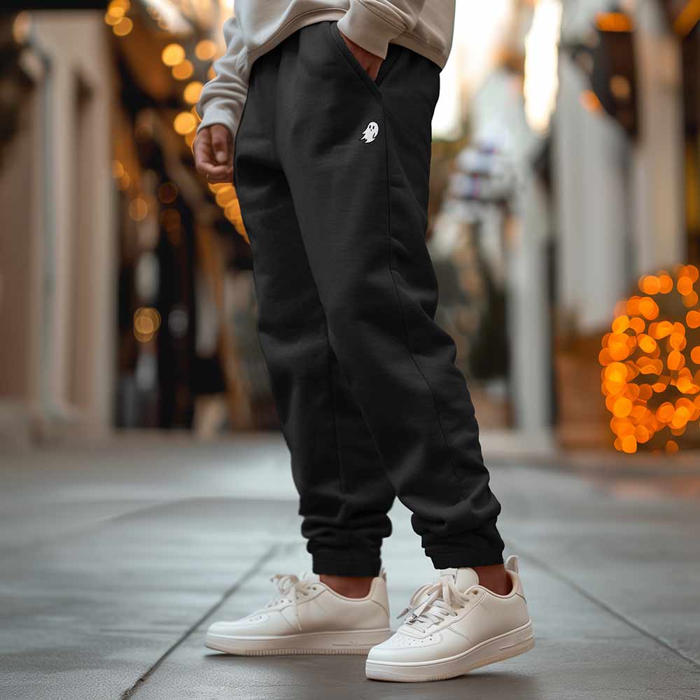 Dalix Ghost Embroidered Sweatpant Heavy Weight Fleece Relaxed Fit Lounge Mens in Black S Small