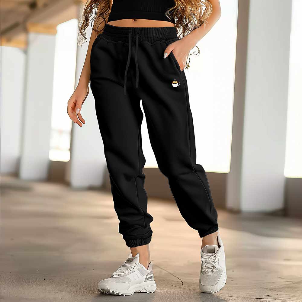 Dalix Cappuccino Embroidered Jogger Pant Soft Fleece Relaxed Fit Lounge Womens in Black 2XL XX-Large