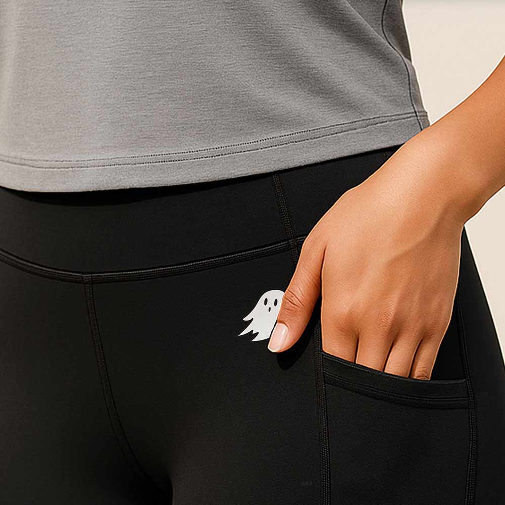 Dalix Ghost Active Mid Weight Womens Leggings Nylon Quick Dry Yoga Gym Workout Side Pockets in Black L Large