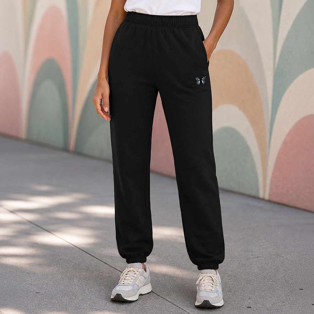 Dalix Butterfly Relaxed Midweight Fleece Track Pants with Elastic Waist Womens in Black S Small