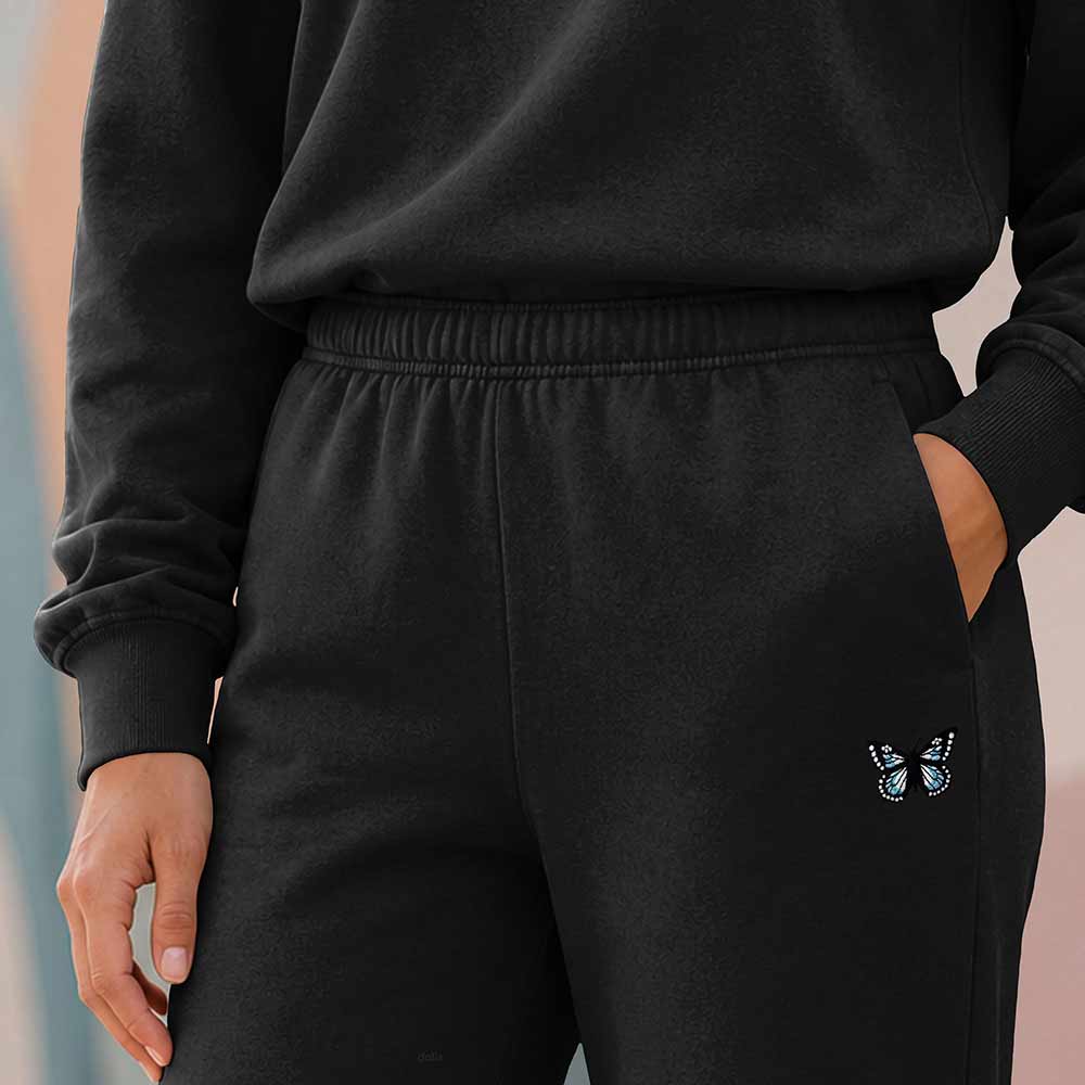 Dalix Butterfly Relaxed Midweight Fleece Track Pants with Elastic Waist Womens in Black S Small