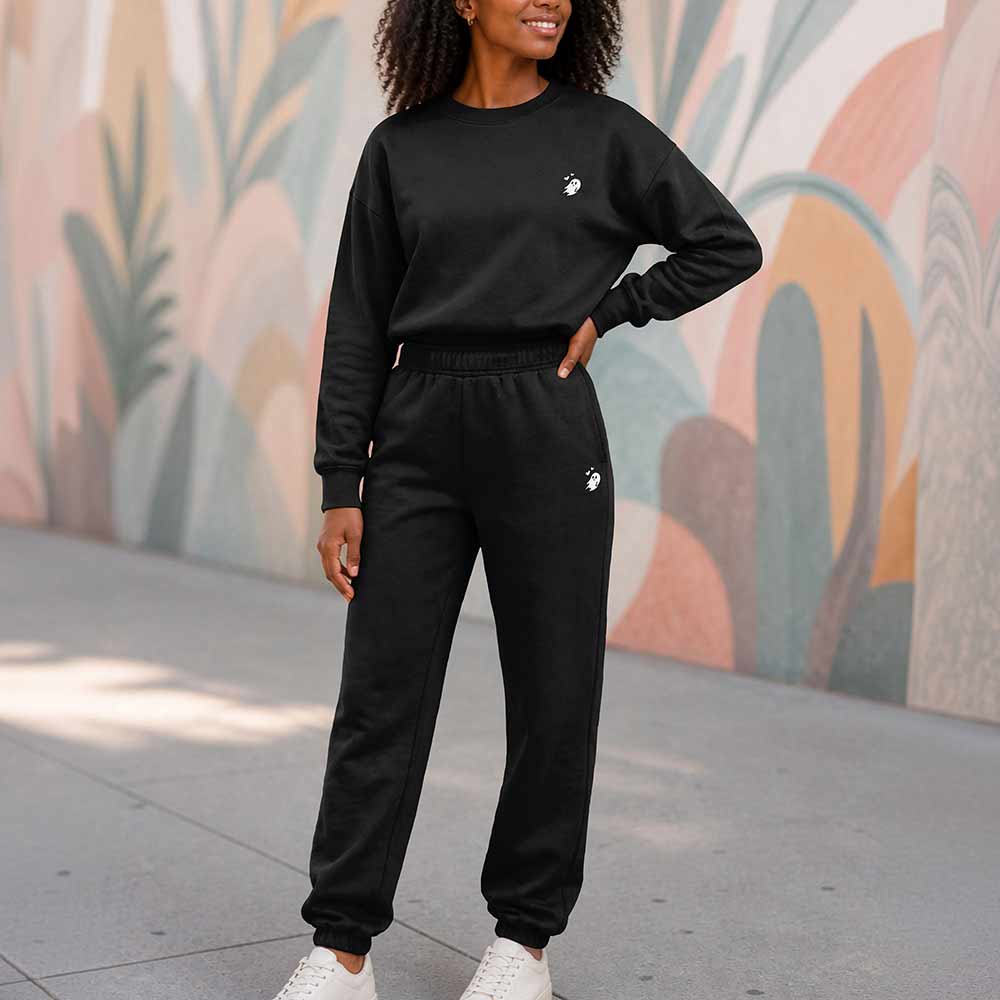 Dalix Heartly Ghost Relaxed Midweight Fleece Track Pants with Elastic Waist Womens in Black S Small