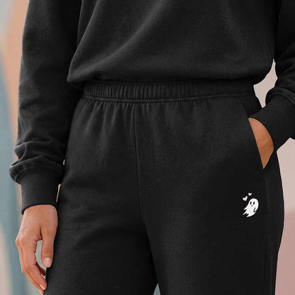 Dalix Heartly Ghost Relaxed Midweight Fleece Track Pants with Elastic Waist Womens in Black S Small
