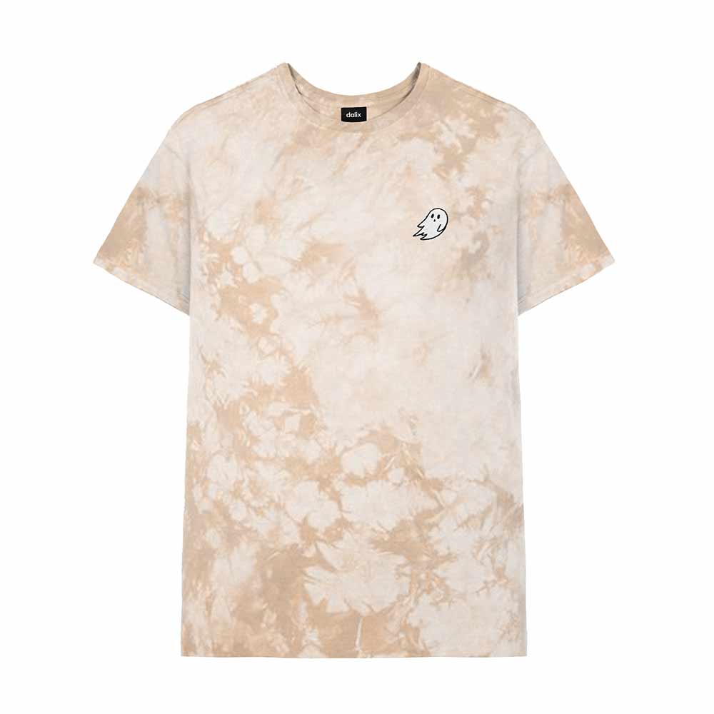 Dalix Ghost Embroidered Crystal Dye Short Sleeve Tee Lightweight Soft Cotton Shirt Mens in Sand M Medium