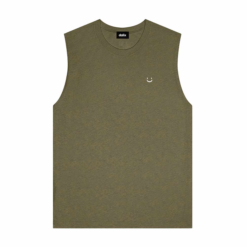 Dalix Lil Smile Embroidered Muscle Tank Cotton Soft Outdoor Summer Mens in Heather Olive 2XL XX-Large